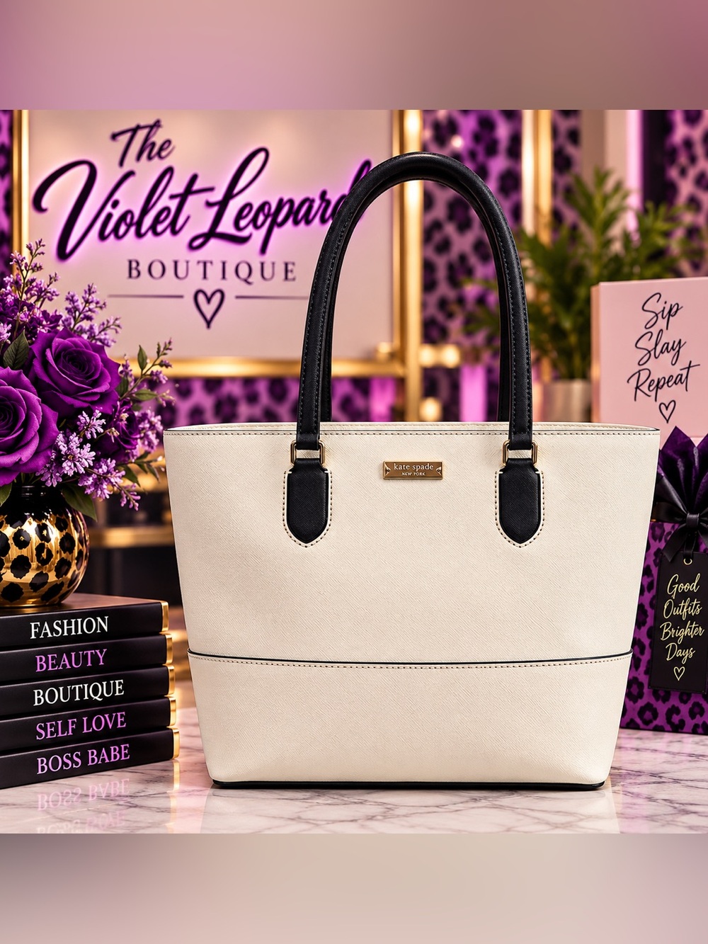 kate spade Cream and Black Saffiano Leather Tote